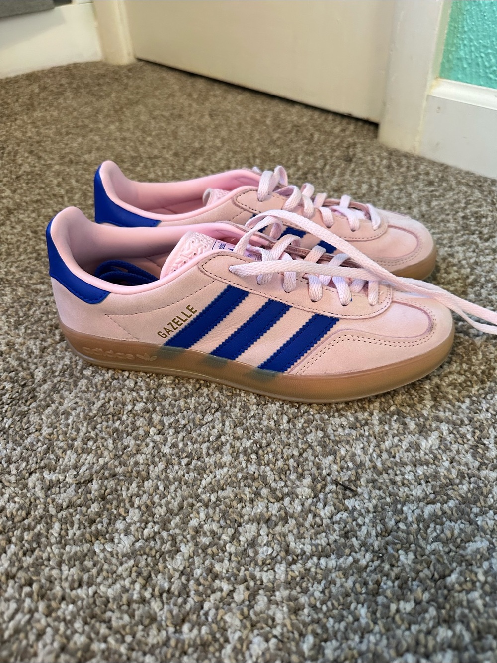 adidas Pink Suede Gazelle with Blue Stripes